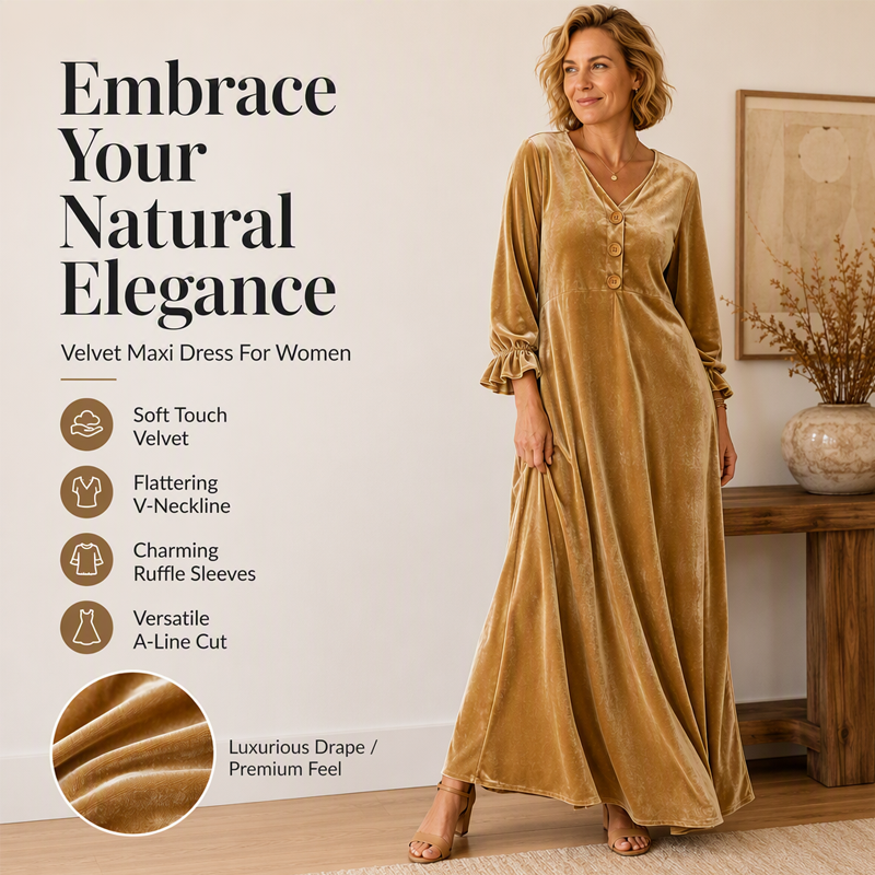 Women's Elegant Velvet Maxi Dress with Ruffle Sleeve