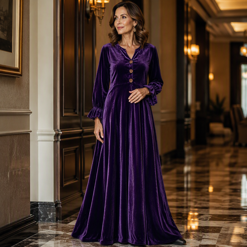 Women's Elegant Velvet Maxi Dress with Ruffle Sleeve