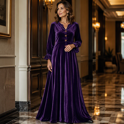Women's Elegant Velvet Maxi Dress with Ruffle Sleeve