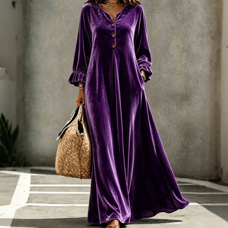 Women's Elegant Velvet Maxi Dress with Ruffle Sleeve