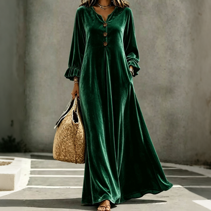 Women's Elegant Velvet Maxi Dress with Ruffle Sleeve