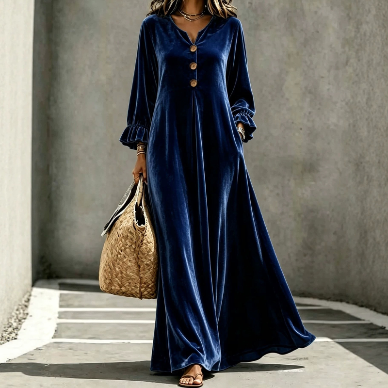 Women's Elegant Velvet Maxi Dress with Ruffle Sleeve