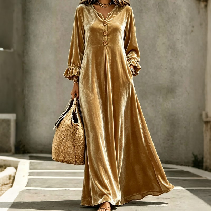 Women's Elegant Velvet Maxi Dress with Ruffle Sleeve