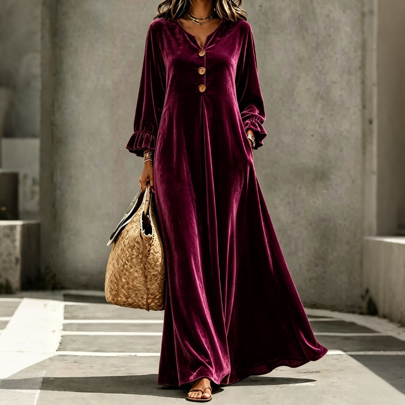 Women's Elegant Velvet Maxi Dress with Ruffle Sleeve