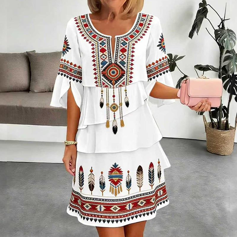 Women's Vintage Ethnic Print Tiered Dress