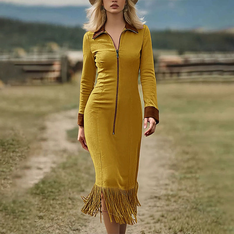 Women's Long Sleeve Tassel Hem Midi Dress