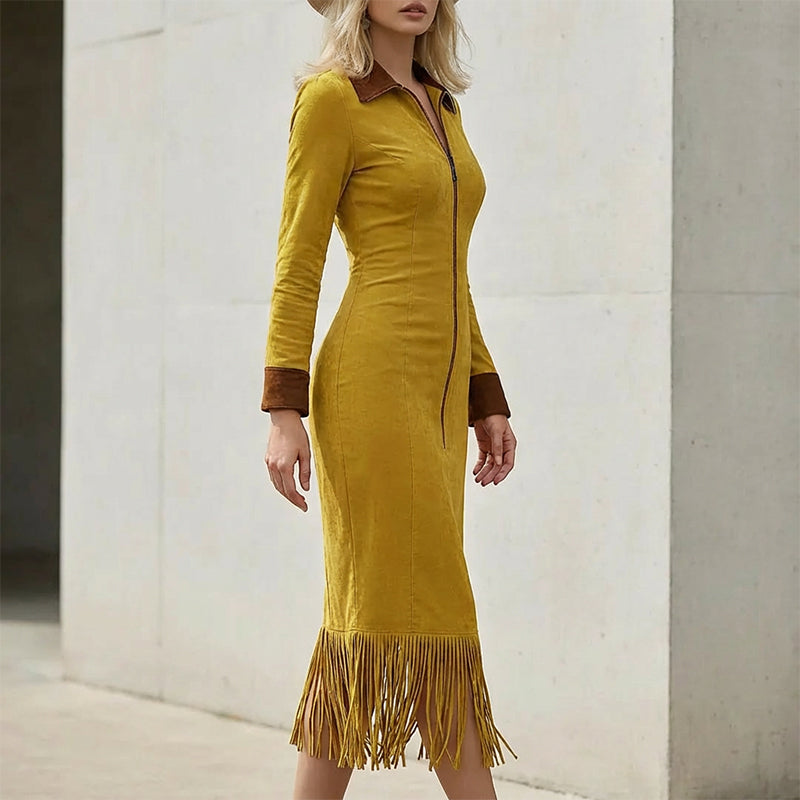 Women's Long Sleeve Tassel Hem Midi Dress