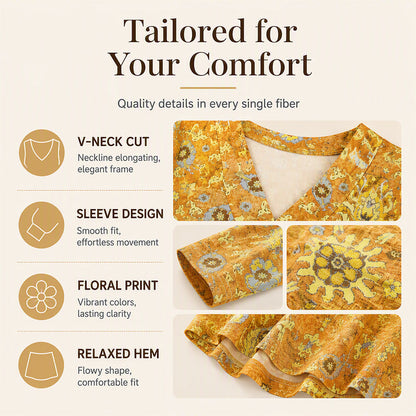 Women's Elegant Floral Print V-Neck Top
