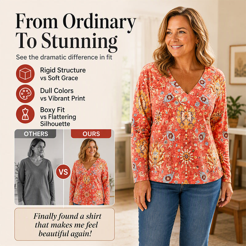 Women's Elegant Floral Print V-Neck Top