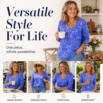 Women's Elegant Floral Print V-Neck Top