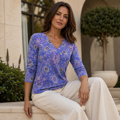 Women's Elegant Floral Print V-Neck Top