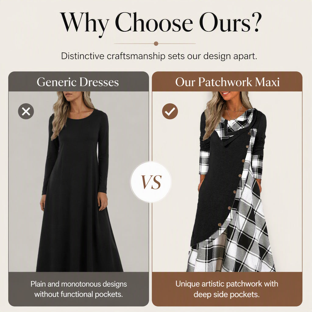 Women Plaid Patchwork Cowl Neck Maxi Dress