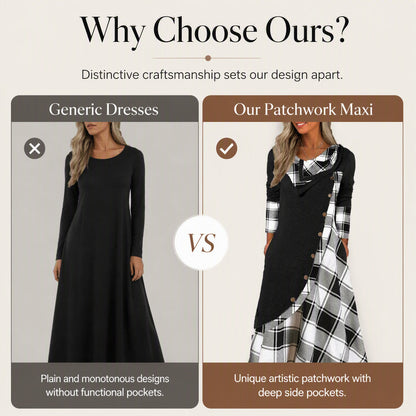 Women Plaid Patchwork Cowl Neck Maxi Dress