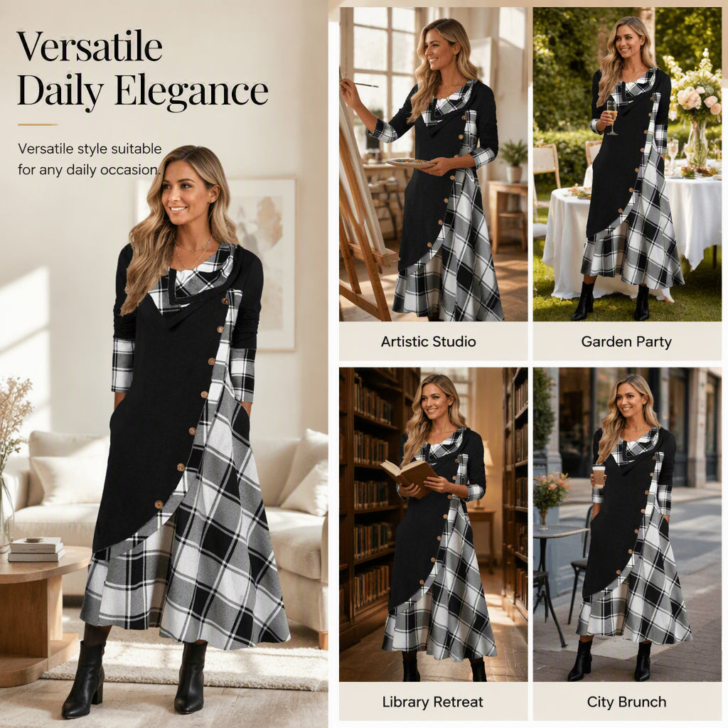 Women Plaid Patchwork Cowl Neck Maxi Dress