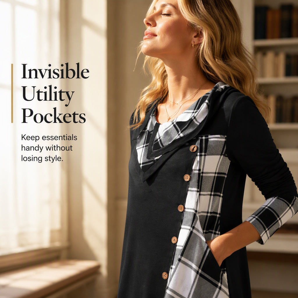 Women Plaid Patchwork Cowl Neck Maxi Dress