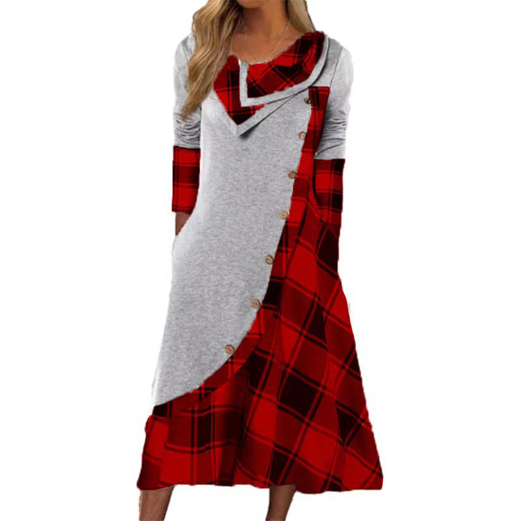 Women Plaid Patchwork Cowl Neck Maxi Dress
