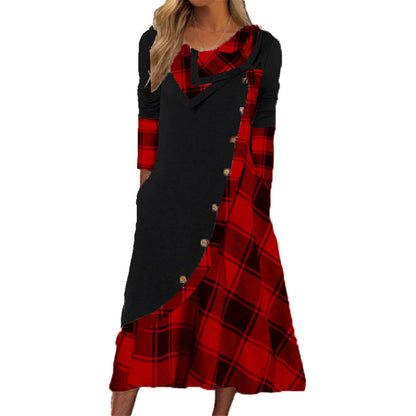 Women Plaid Patchwork Cowl Neck Maxi Dress