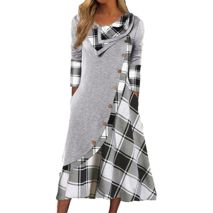 Women Plaid Patchwork Cowl Neck Maxi Dress