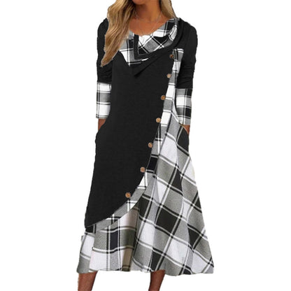 Women Plaid Patchwork Cowl Neck Maxi Dress