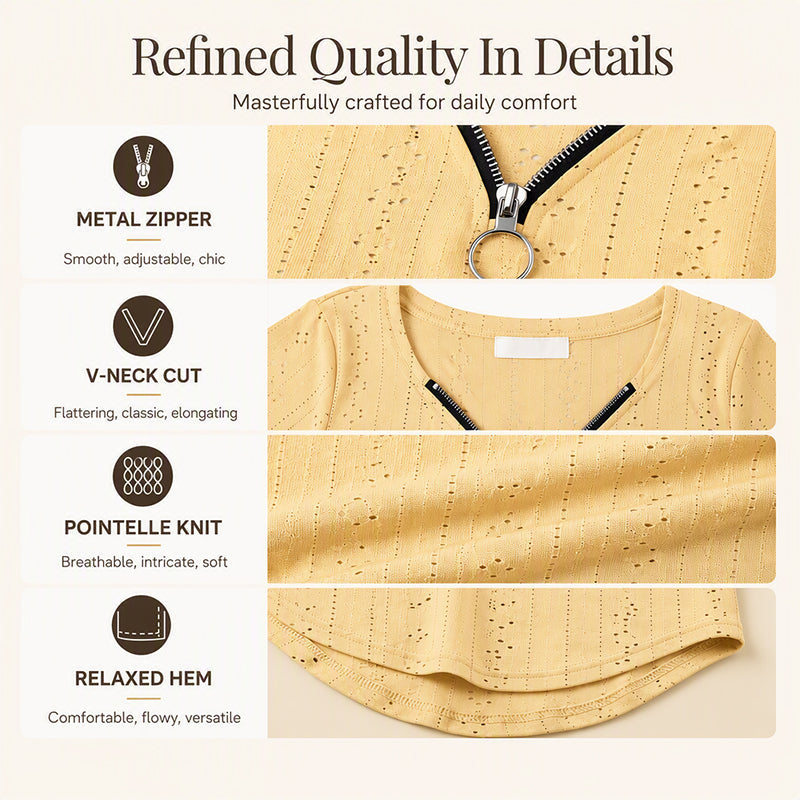 Women's Zipper V-Neck Long Sleeve Top