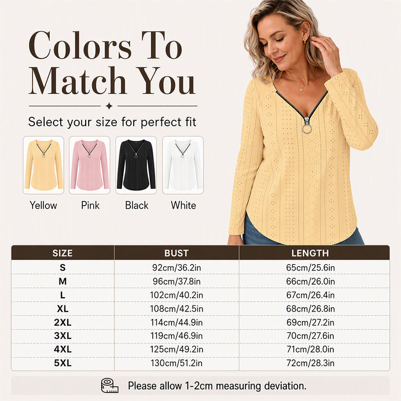 Women's Zipper V-Neck Long Sleeve Top