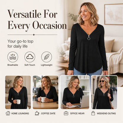 Women's Zipper V-Neck Long Sleeve Top