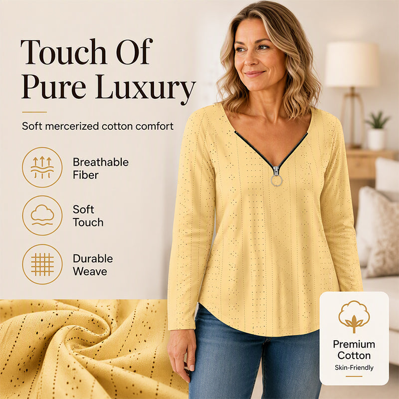 Women's Zipper V-Neck Long Sleeve Top