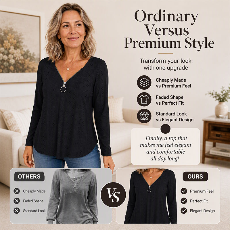 Women's Zipper V-Neck Long Sleeve Top