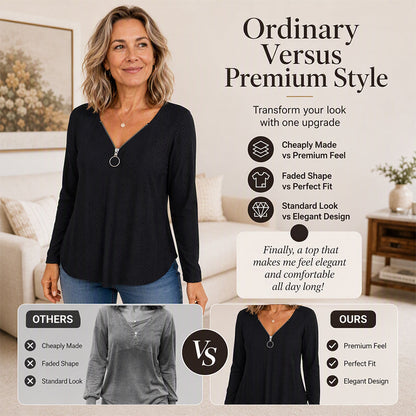 Women's Zipper V-Neck Long Sleeve Top