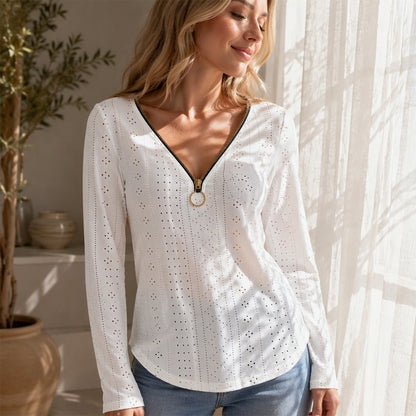 Women's Zipper V-Neck Long Sleeve Top