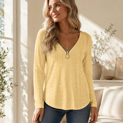 Women's Zipper V-Neck Long Sleeve Top