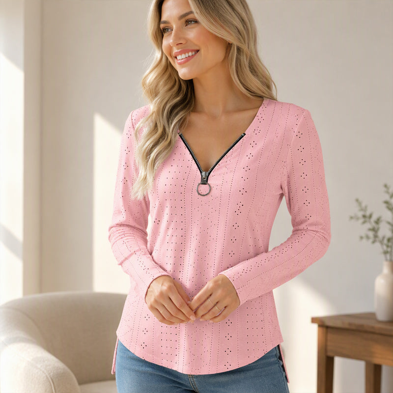 Women's Zipper V-Neck Long Sleeve Top