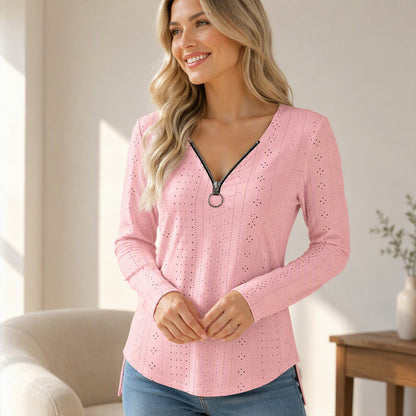 Women's Zipper V-Neck Long Sleeve Top