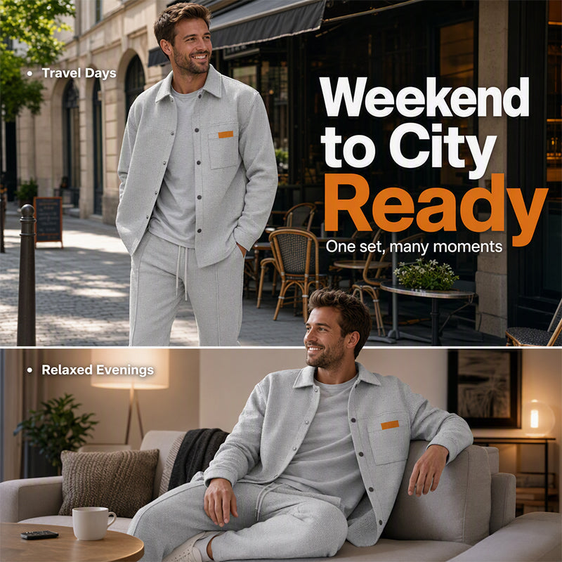 Men's Waffle Knit Jacket & Pants Two-Piece Casual Set
