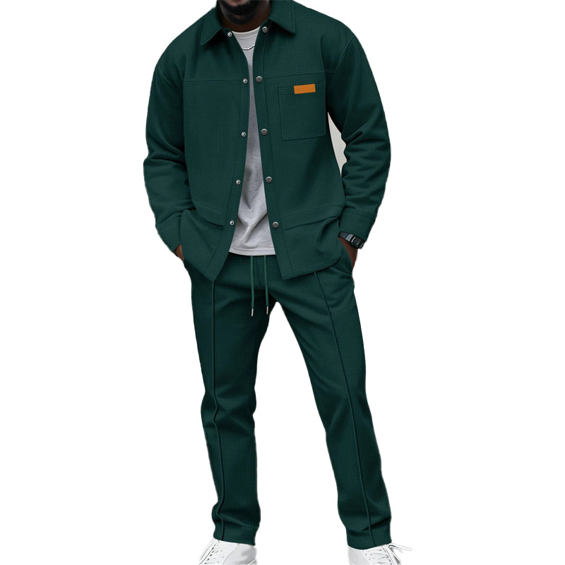 Men's Waffle Knit Jacket & Pants Two-Piece Casual Set