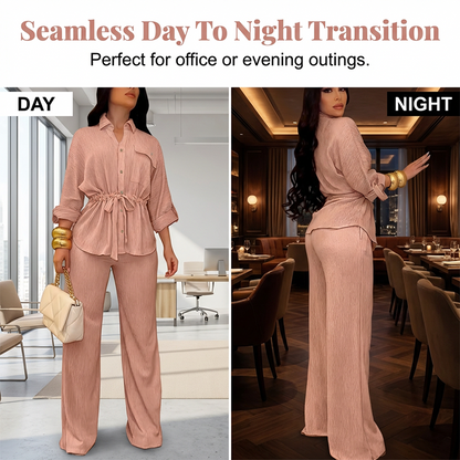 Women's Drawstring Shirt & Wide-Leg Pants Set