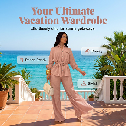 Women's Drawstring Shirt & Wide-Leg Pants Set
