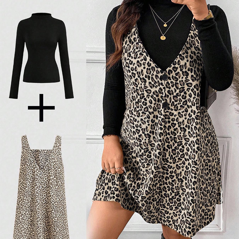 Layered Look Leopard Cami Dress & Top Set