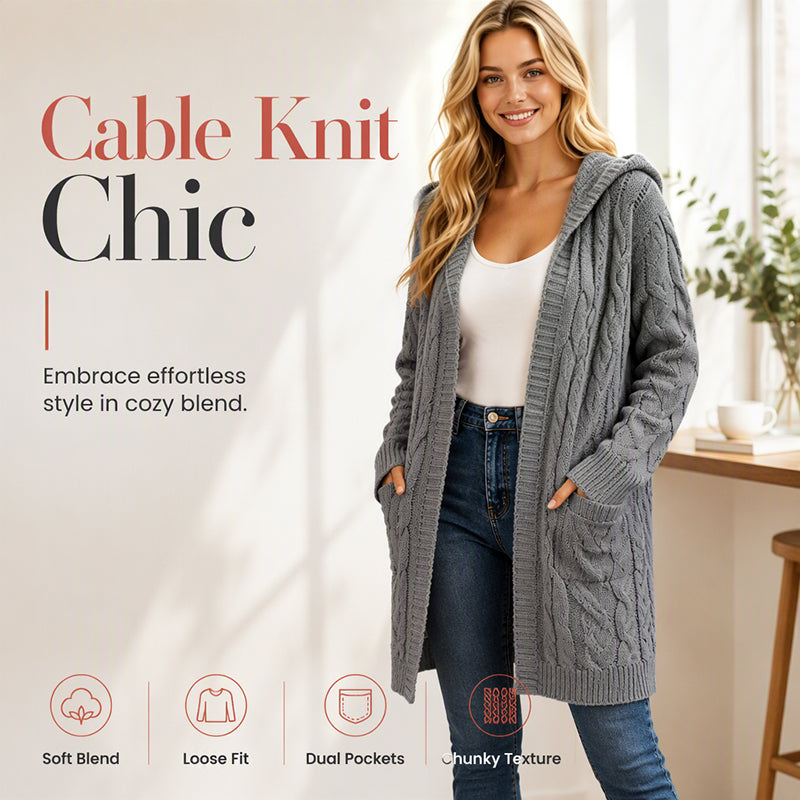 Women's Long Hooded Knit Cardigan with Pockets