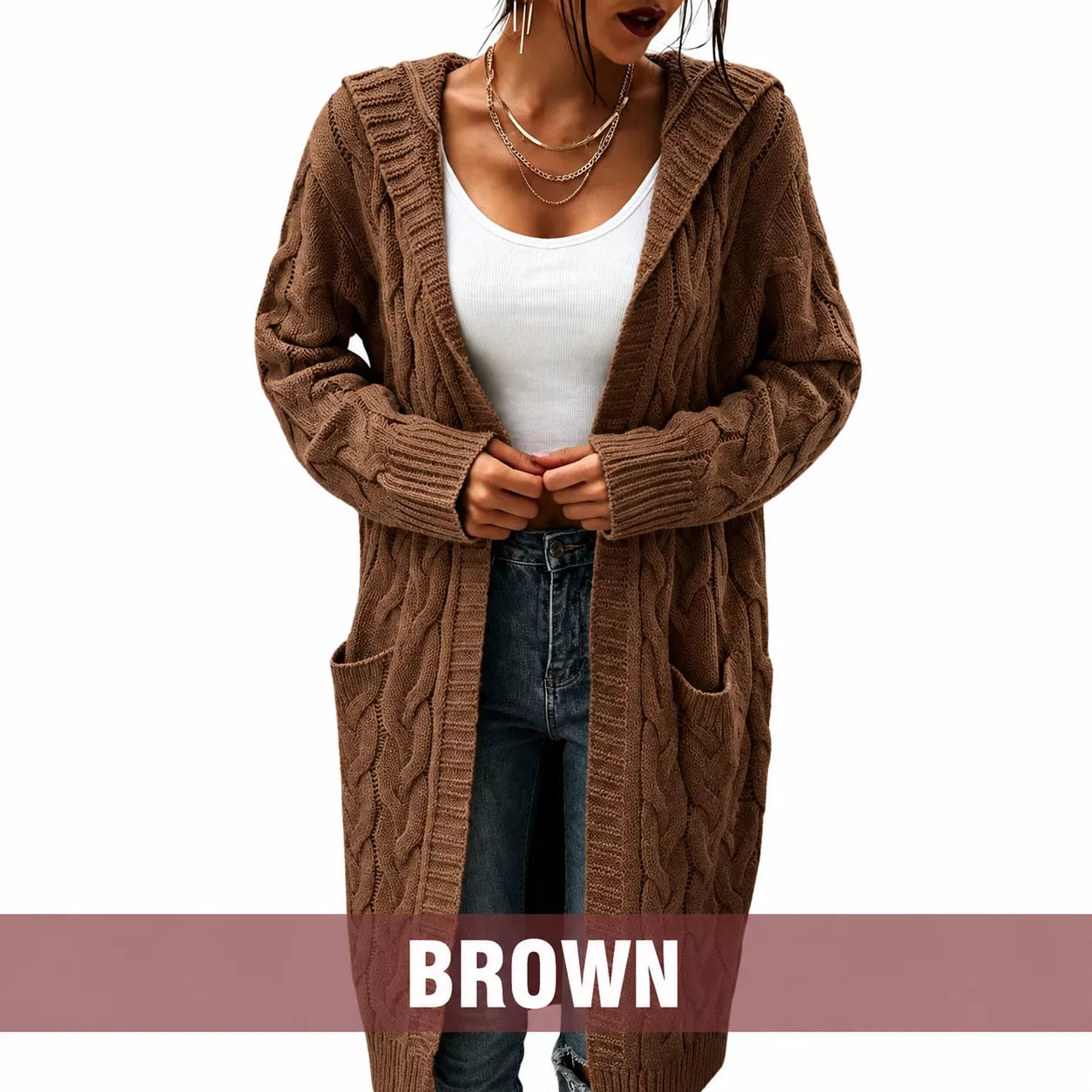 Women's Long Hooded Knit Cardigan with Pockets