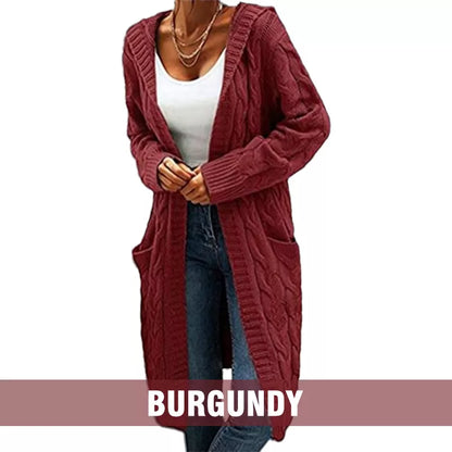 Women's Long Hooded Knit Cardigan with Pockets