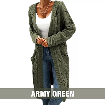 Women's Long Hooded Knit Cardigan with Pockets