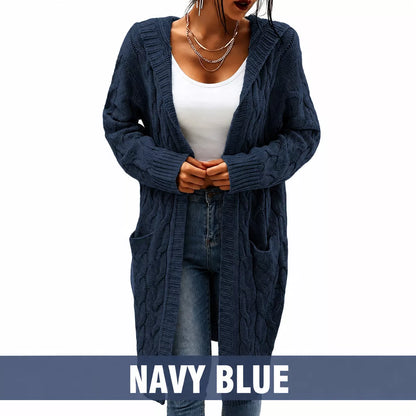 Women's Long Hooded Knit Cardigan with Pockets