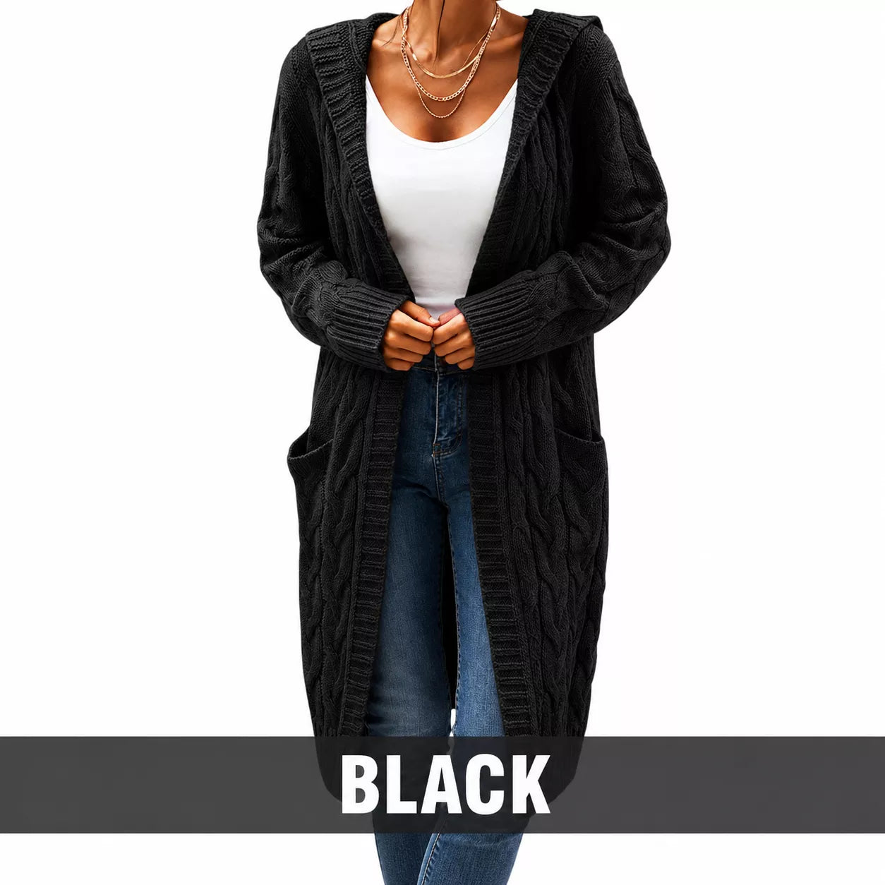 Women's Long Hooded Knit Cardigan with Pockets