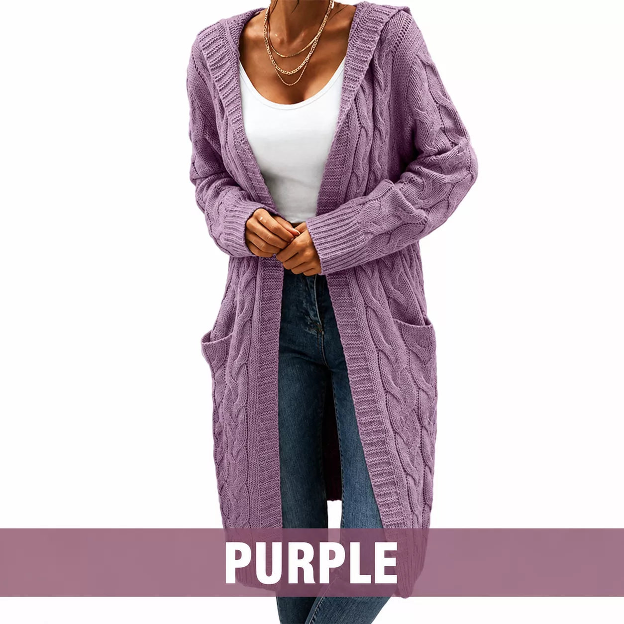 Women's Long Hooded Knit Cardigan with Pockets