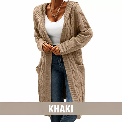 Women's Long Hooded Knit Cardigan with Pockets