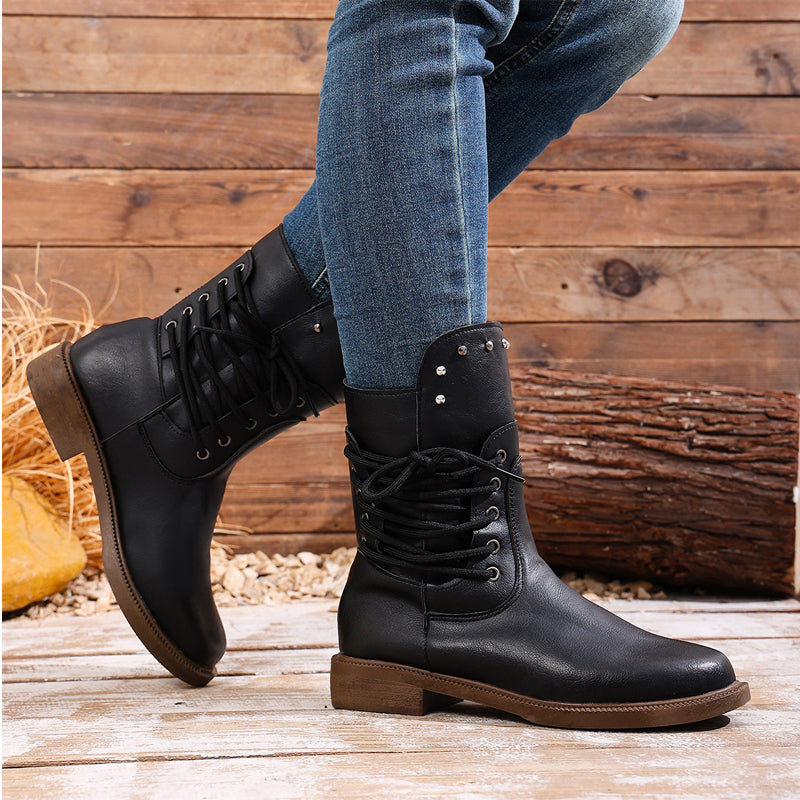 Women’s Lace-Up Low-Heel Round Toe Ankle Boots