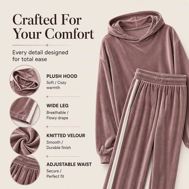 Women's Velvet Hooded Sweatshirt & Stripe Pants Set