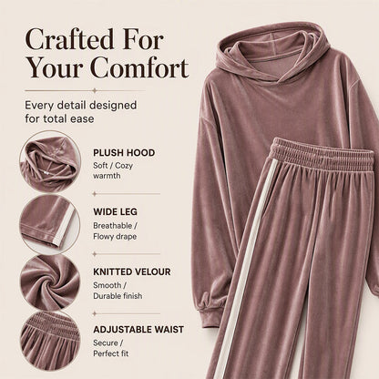 Women's Velvet Hooded Sweatshirt & Stripe Pants Set
