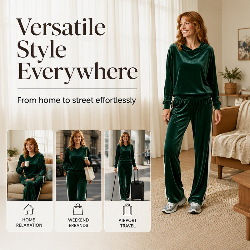 Women's Velvet Hooded Sweatshirt & Stripe Pants Set
